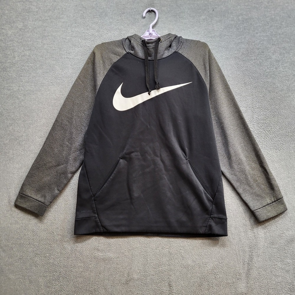 Nike Men Sweatshirt Medium Black Hoodie Logo Dri Fit Big Swoosh Raglan Pullover
